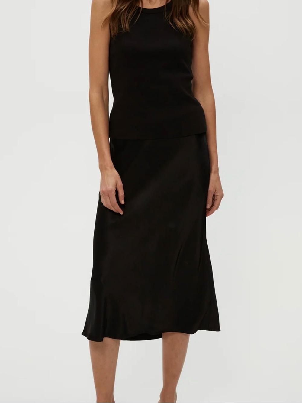 NWOT Michael Stars Black Satin Midi Skirt Size L
